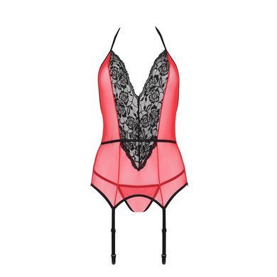 Корсет з пажами для панчіх Passion PEONIA CORSET L/XL red, стрінги SO8463 фото