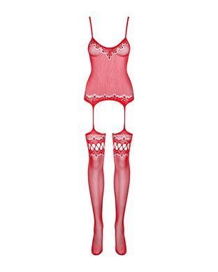 Бодістокінг Obsessive Bodystocking F214 red S/M/L, імітація корсета та панчіх на підв&rsquo;язках SO7225 фото