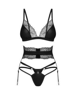 Комплект Obsessive Lobellis 3-pcs set, XL/2XL, чорний, ліф з м&rsquo;якою чашкою, стрінги, пояс для панчіх SX1019 фото
