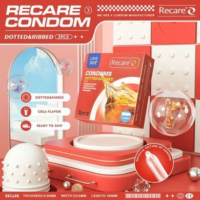 Презервативи Recare Cola Dotted&Ribbed Condoms 3 шт, з пухирцями та ребрами, аромат: Кола SX3319 фото
