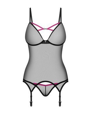 Корсет Obsessive Novenes corset & thong, M/L, прозорий, відкрита спина, стрінги в комплекті SX0614 фото