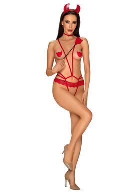 Еротичний костюм чортика зі стреп Obsessive Evilia teddy red L/XL SO7707 фото