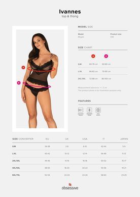 Напівпрозорий набір з прикрасами Obsessive Ivannes top & thong L/XL, чорний, топ та танга SO7284 фото