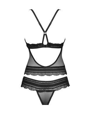 Напівпрозорий набір з прикрасами Obsessive Ivannes top & thong L/XL, чорний, топ та танга SO7284 фото