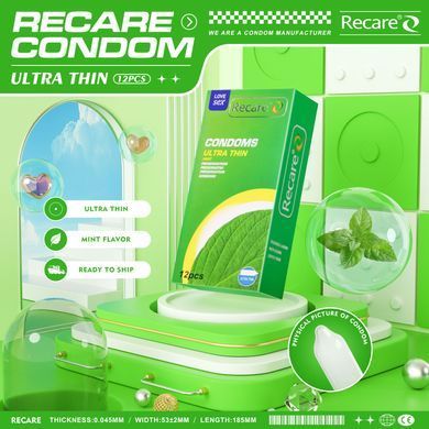 Презервативи Ultra Thin Mint Condoms Recare 12 шт, ультратонкі, аромат: м'ята SX3326 фото
