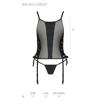 Сітчастий корсет з люверсами і знімними пажами Passion MALWIA CORSET 2XL/3XL black екошкіра, стрінги SO5767 фото