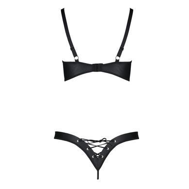 Комплект з екошкіри Passion CELINE BIKINI 6XL/7XL black, відкритий бра, стрінги зі шнурівкою SO7058 фото