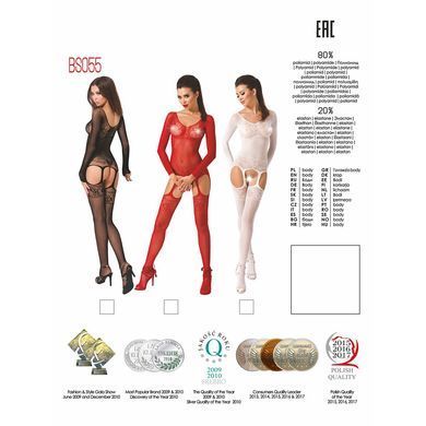 Бодістокінг Passion BS055 white, комбінезон, імітація панчіх і пояса, довгий рукав, закрите плече PBS055W фото