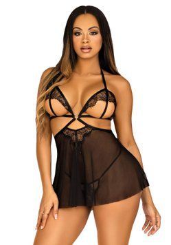 Сорочка бебі-дол з відкритими чашками Leg Avenue Lace and mesh babydoll & panty Black M, стрінги SO9164 фото