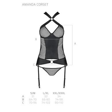 Сітчастий комплект корсет з халтером, зйомні підв'язки та трусики Passion AMANDA CORSET S/M, black SO5319 фото