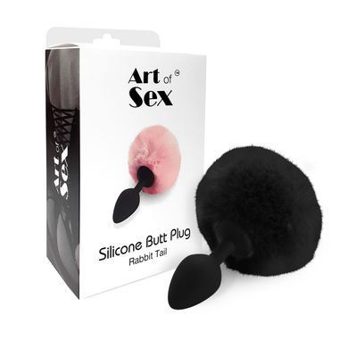 Силіконова анальна пробка М Art of Sex - Silicone Butt plug Rabbit Tail Black, діаметр 3,5 см SO6694 фото