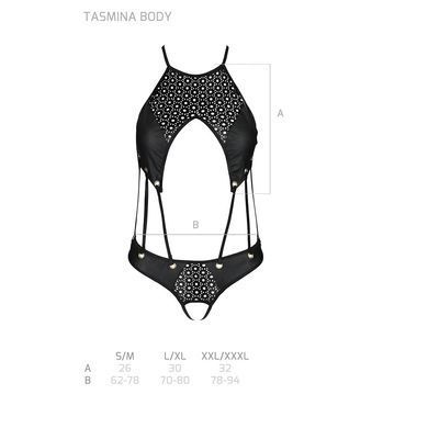 Боді з відкритим доступом Passion TASMINA BODY L/XL black, екошкіра, шнурівки, ажурні мережива SO8488 фото