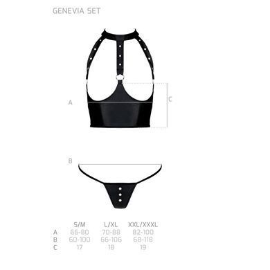 Комплект білизни з відкритими грудьми Passion GENEVIA SET WITH OPEN BRA XXL/XXXL black, корсет, стрі SO8441 фото