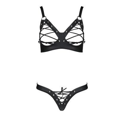 Комплект з екошкіри Passion CELINE BIKINI L/XL black, відкритий бра зі стрічками, стрінги SO6400 фото