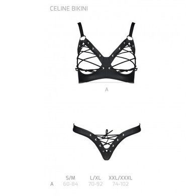Комплект Passion CELINE BIKINI 2XL/3XL black відкритий бра з стрічками стрінги з шнурівкою, екошкіра SO6402 фото