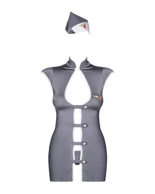 Еротичний костюм стюардеси Obsessive Stewardess 3 pcs grey L/XL, сірий, сукня, стрінги, пілотка SO7309 фото