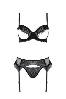 Комплект Passion KERRIA SET WITH OPEN BRA black, S/M, бюстгальтер з відкритою чашкою, стрінги, пояс для панчіх SX0495 фото