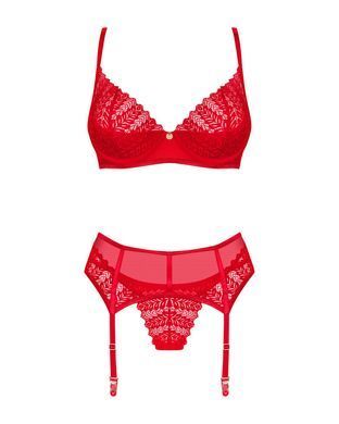 Комплект Obsessive Ingridia 3-pcs set XL/2XL, червоний, бюстгальтер, стрінги, пояс SO9035 фото